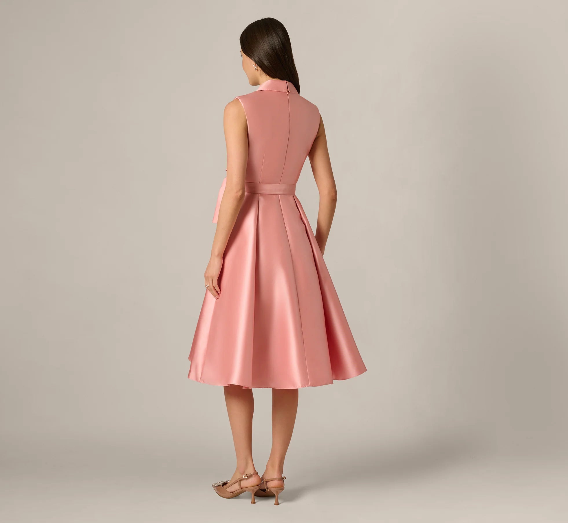 Elegant A-Line Shawl Collar Sleeveless High Back Midi Mother of the Bride Dresses with Tie Waist