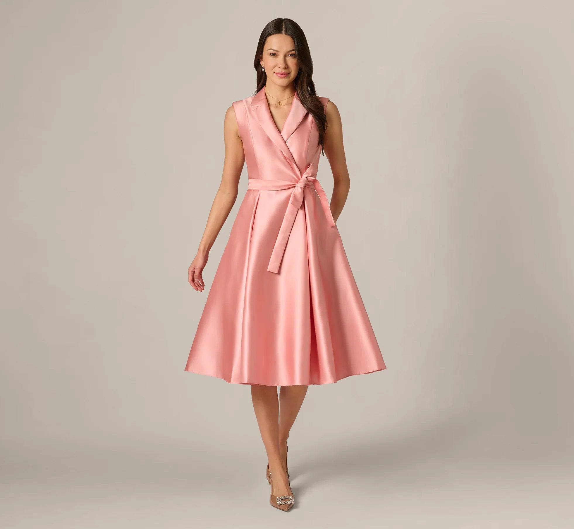 Elegant A-Line Shawl Collar Sleeveless High Back Midi Mother of the Bride Dresses with Tie Waist