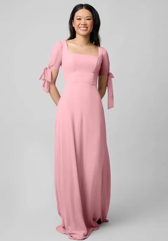 Elegant A-Line Square Neck Short Sleeve Tie-Cuff Dusty Pink Floor-Length Bridesmaid Dress