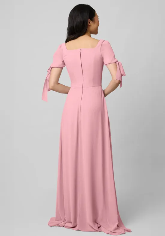 Elegant A-Line Square Neck Short Sleeve Tie-Cuff Dusty Pink Floor-Length Bridesmaid Dress