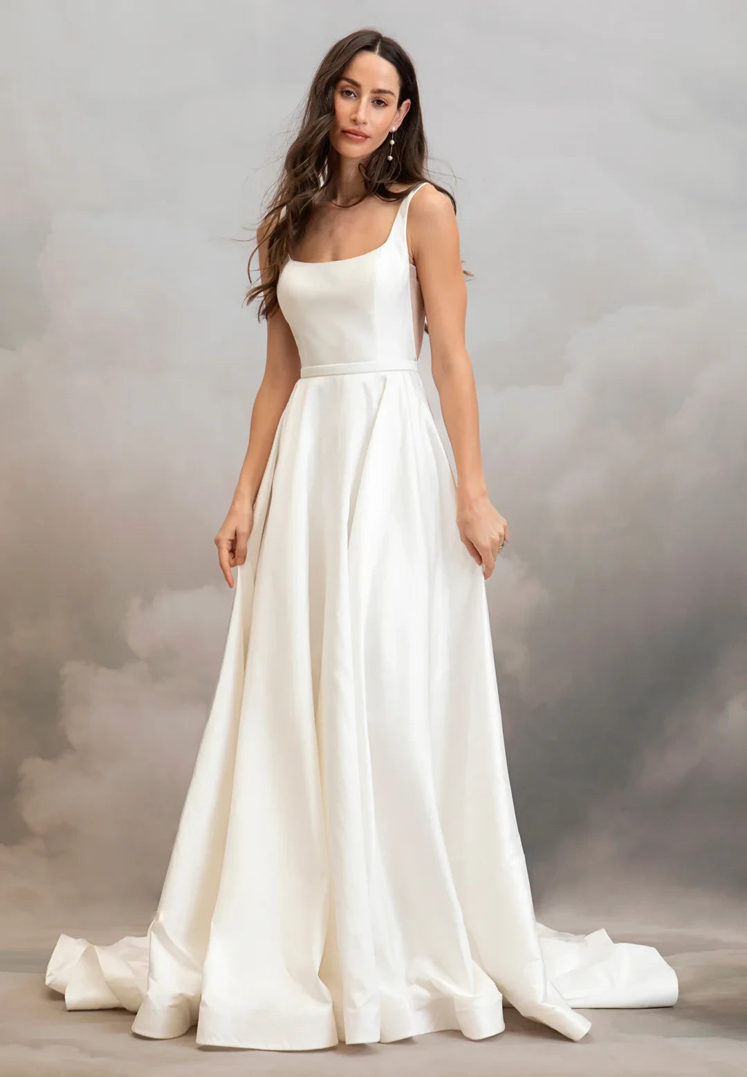 Elegant A-Line Square Neck Sleeveless Wide Strap Low Scoop Back Detachable Bow Floor-Length Train Wedding Dresses