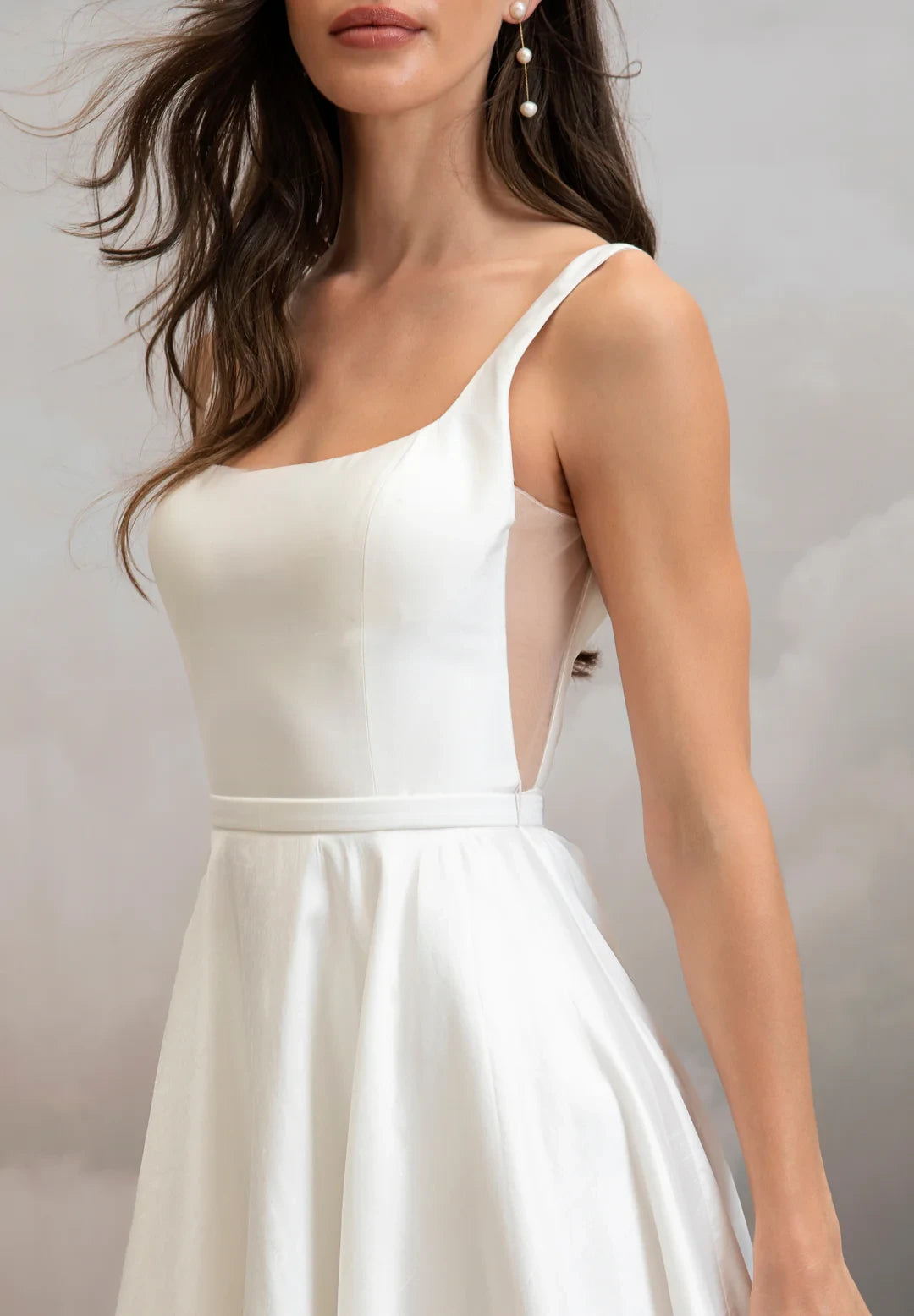 Elegant A-Line Square Neck Sleeveless Wide Strap Low Scoop Back Detachable Bow Floor-Length Train Wedding Dresses
