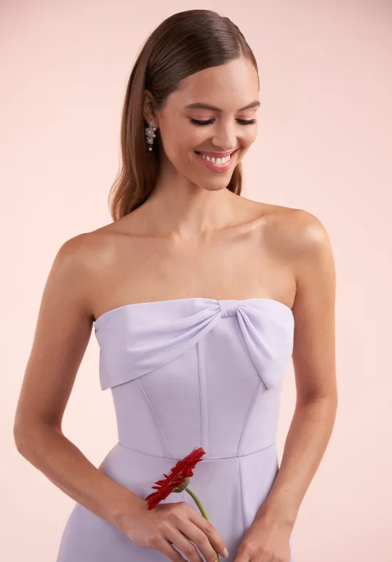 Elegant A-Line Strapless Bow-Front High-Slit Lilac Floor-Length Bridesmaid Dress