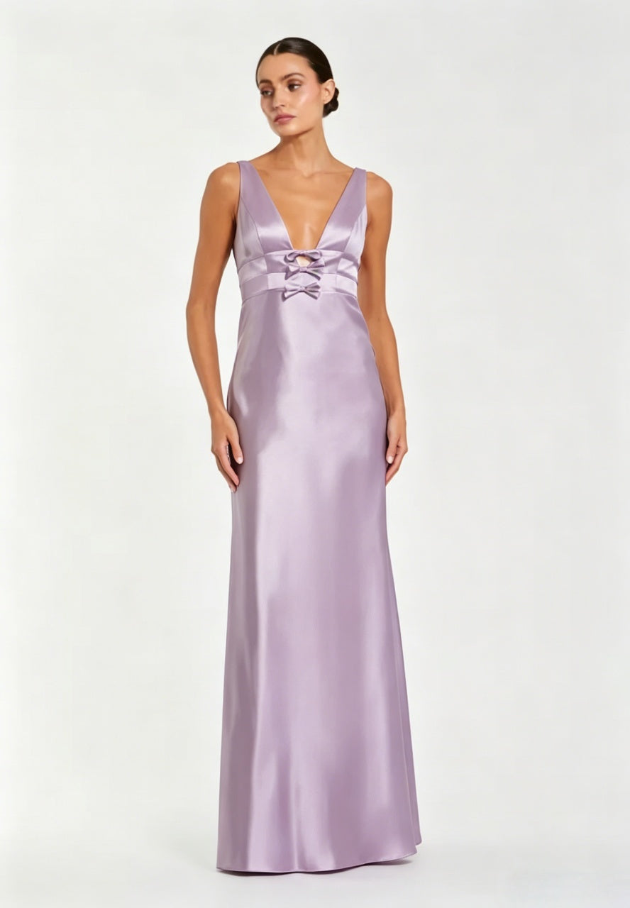 Elegant A-Line V-Neck Bow-Detail Backless Lavender Floor-Length Bridesmaid Dresses