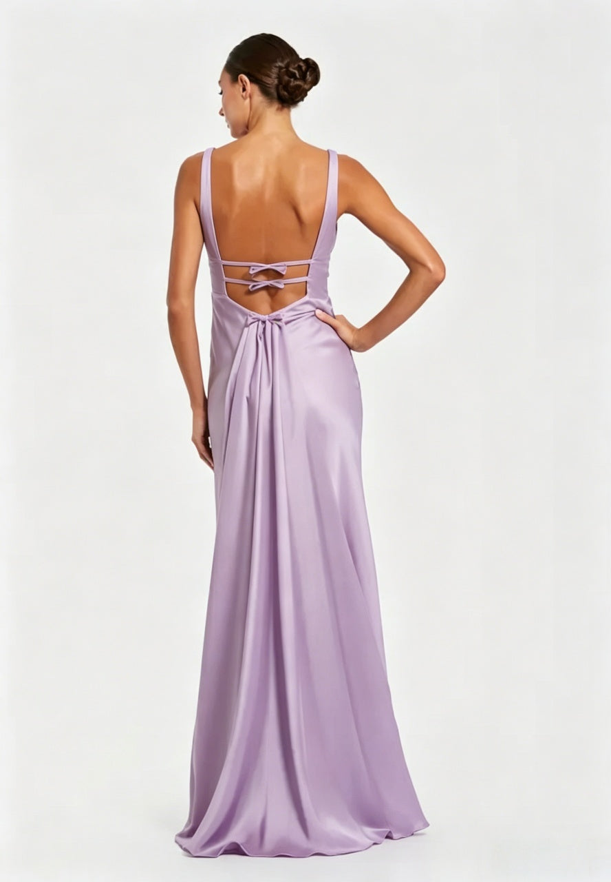 Elegant A-Line V-Neck Bow-Detail Backless Lavender Floor-Length Bridesmaid Dresses
