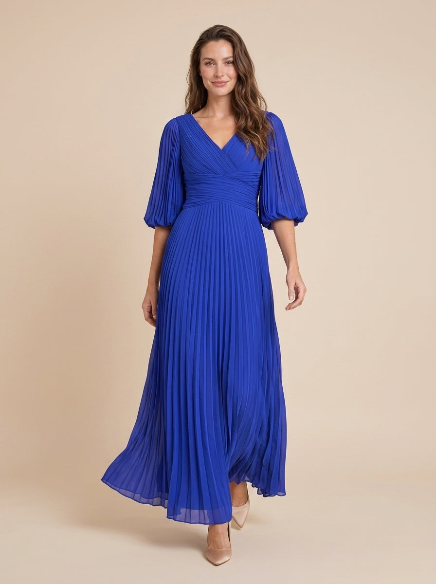 Elegant A-line V-Neck 3/4 Puff Sleeve Deep V-Back Floor-Length Pleated Mother of the Bride Dresses