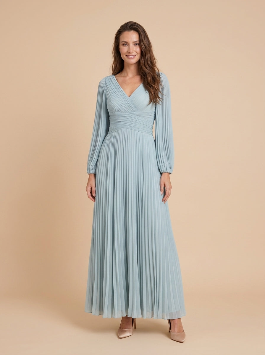Elegant A-line V-Neck 3/4 Puff Sleeve Deep V-Back Floor-Length Pleated Mother of the Bride Dresses
