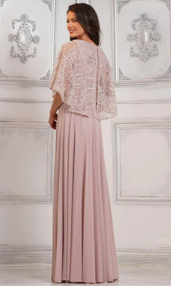 Elegant A Line V Neck Cape Sleeve Beaded Floor Length Mother of the Bride Dress
