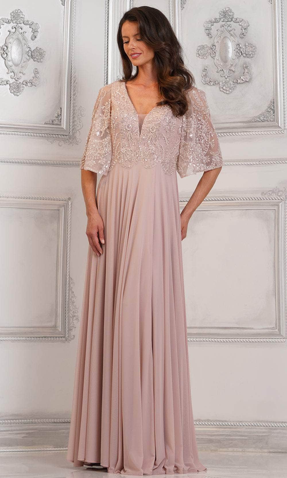 Elegant A Line V Neck Cape Sleeve Beaded Floor Length Mother of the Bride Dress