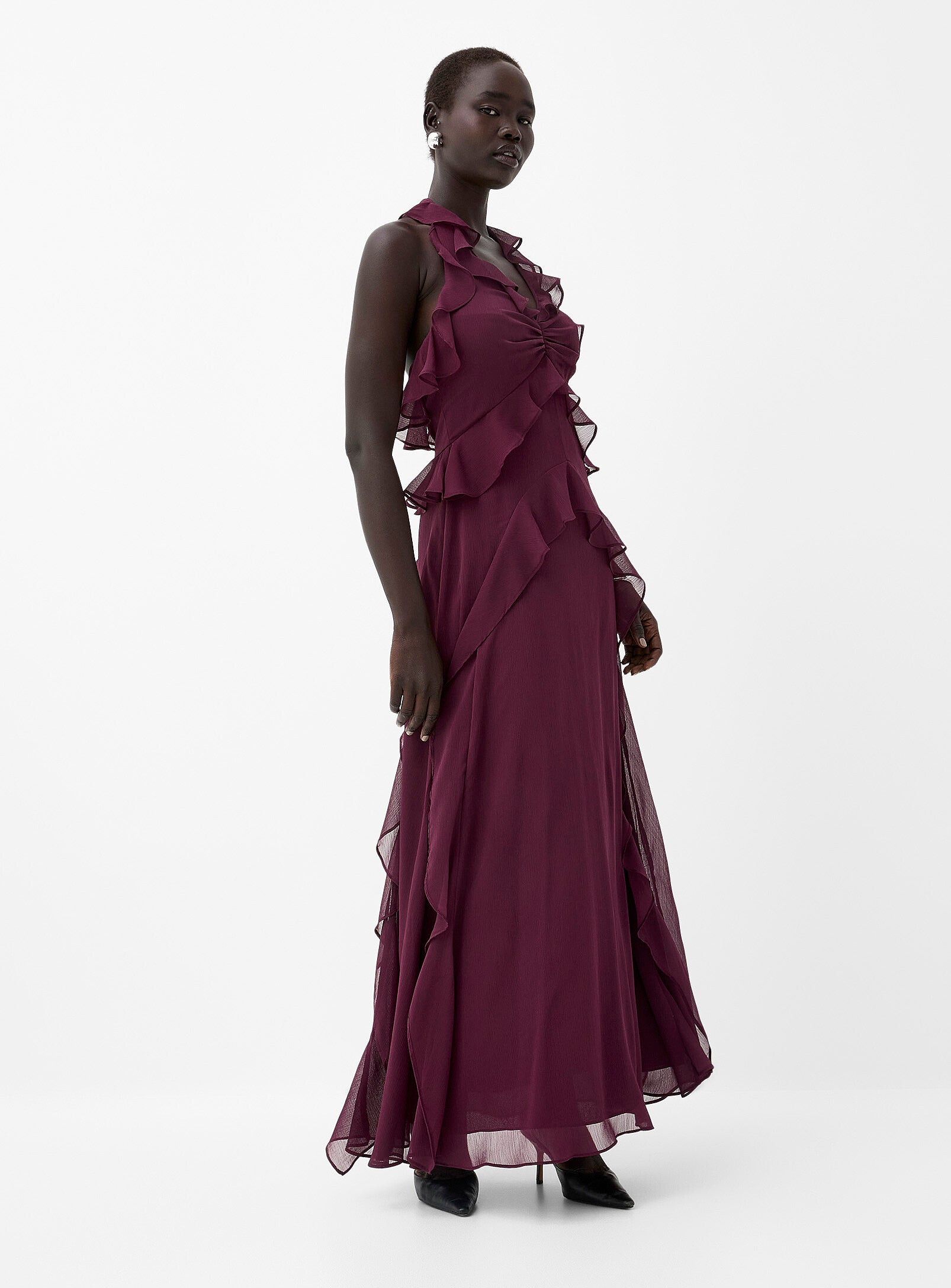 Elegant Burgundy Chiffon Halter Ruffle Floor-Length A-Line Evening Dress