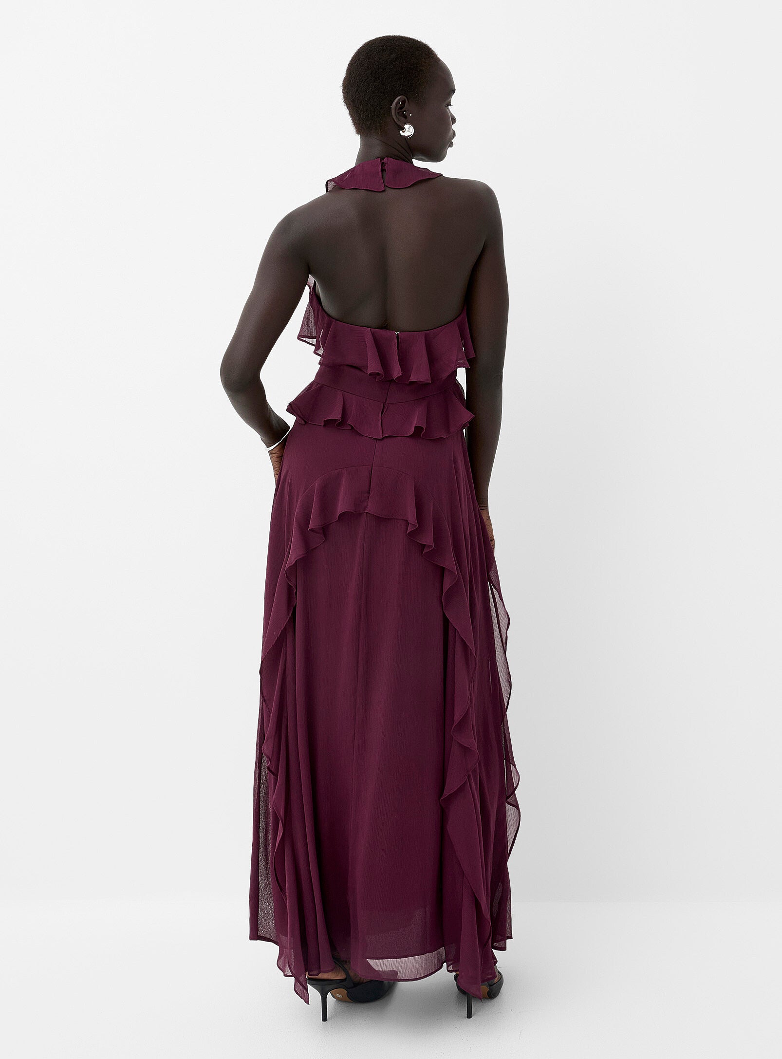 Elegant Burgundy Chiffon Halter Ruffle Floor-Length A-Line Evening Dress