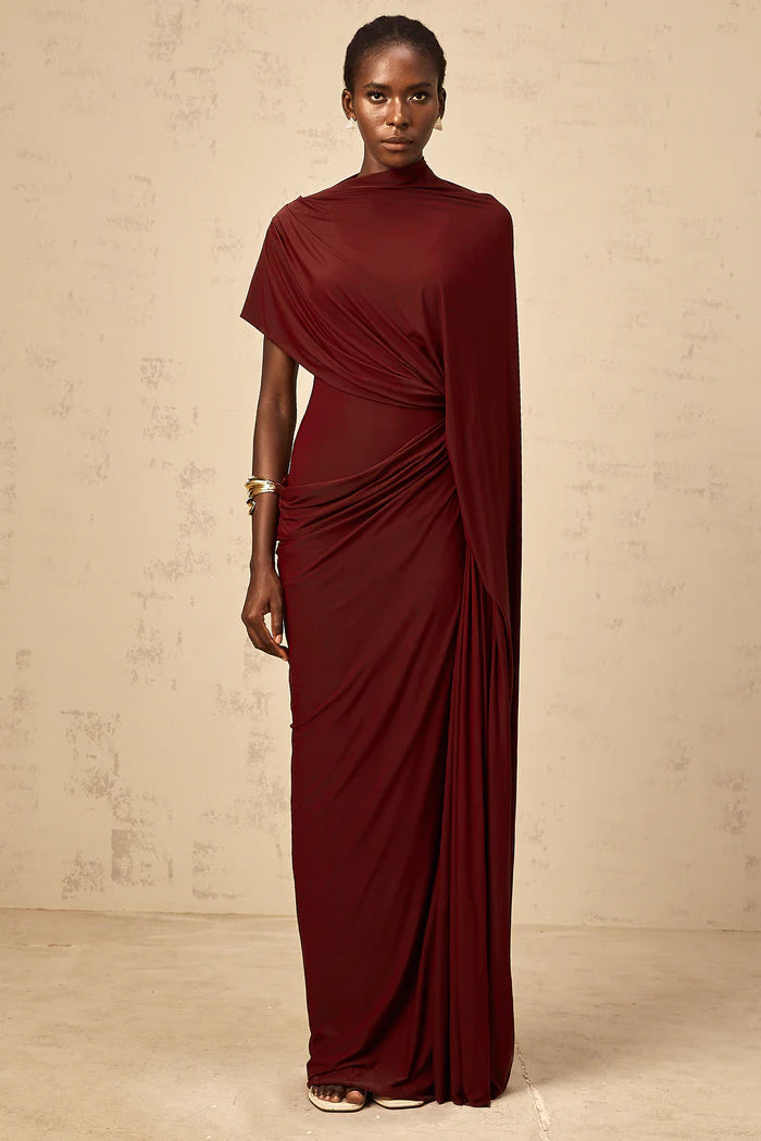 Elegant Burgundy Draped High Neck OneSleeve Back Zip Floor Length Evening Dresses