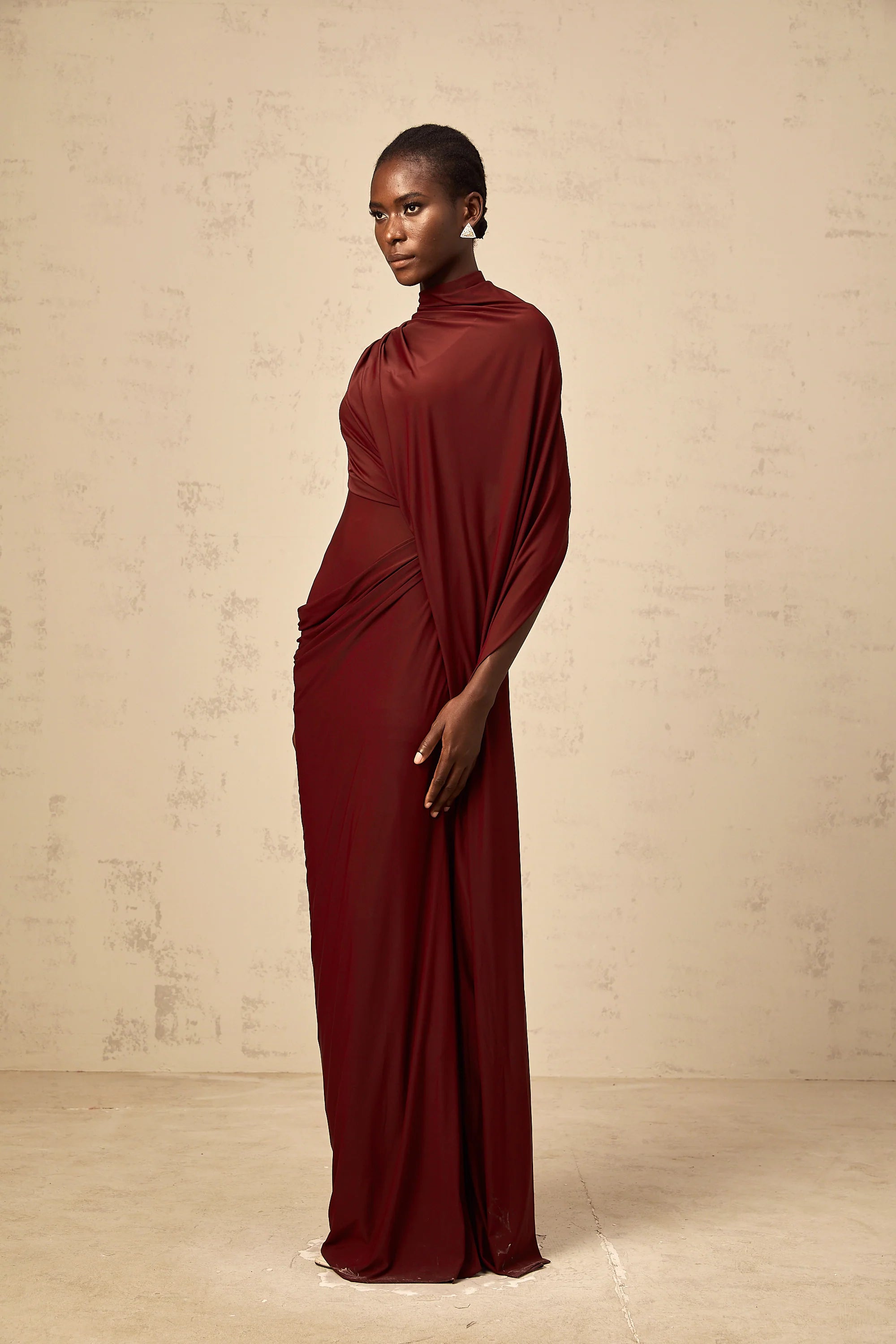 Elegant Burgundy Draped High Neck OneSleeve Back Zip Floor Length Evening Dresses