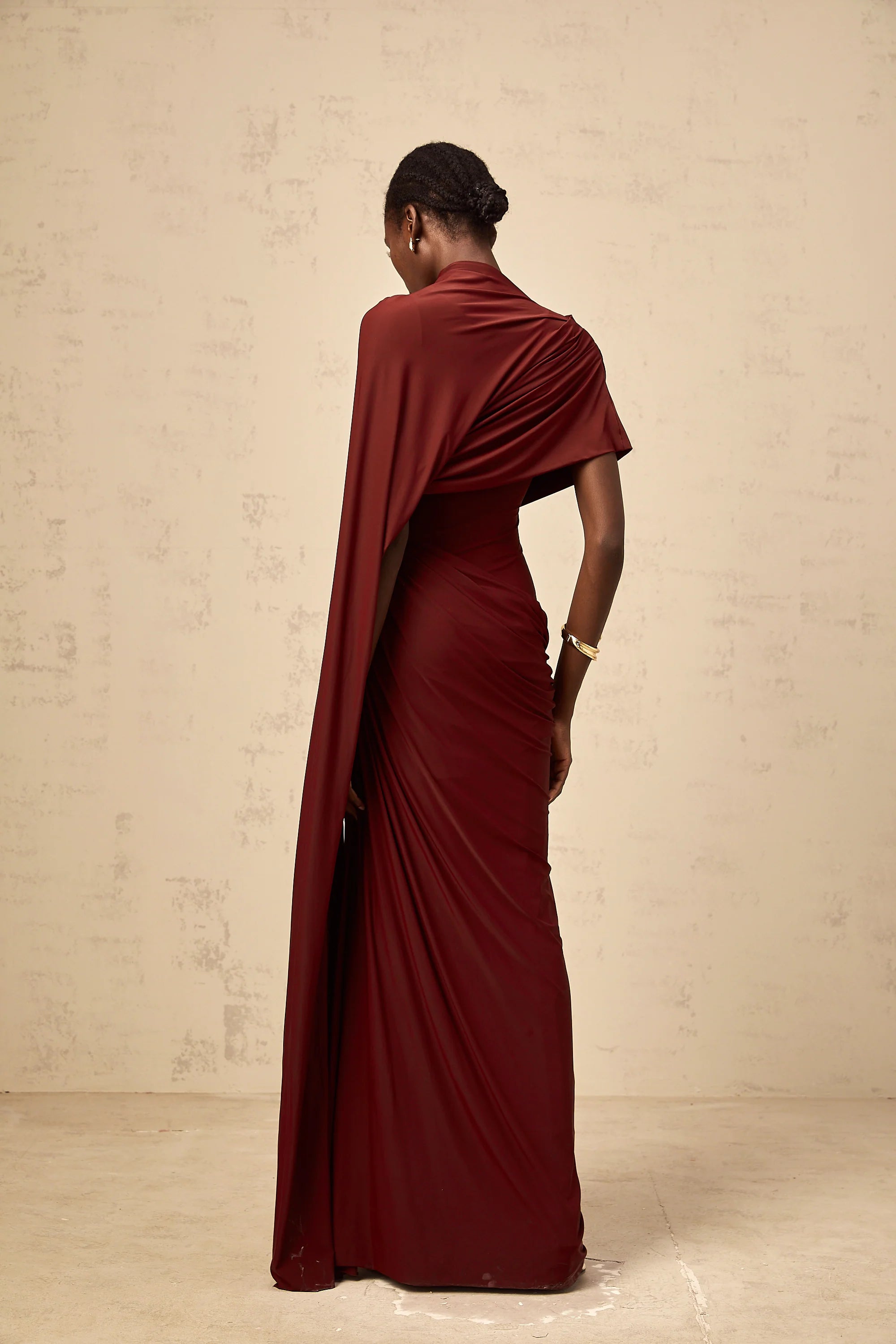Elegant Burgundy Draped High Neck OneSleeve Back Zip Floor Length Evening Dresses