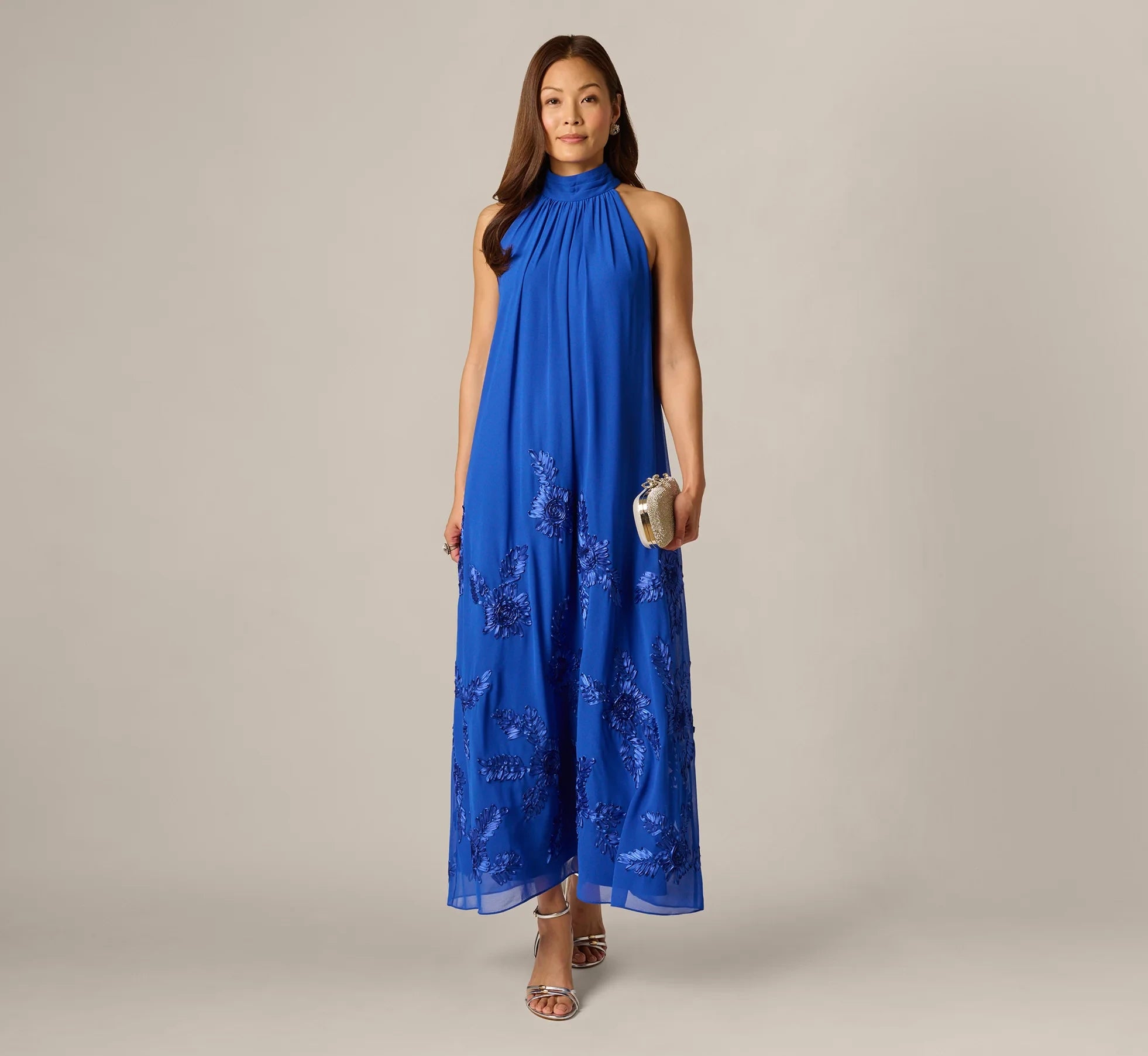 Elegant Chiffon A-Line Halter Neck Sleeveless Draped Back Floor-Length Mother of the Bride Dresses