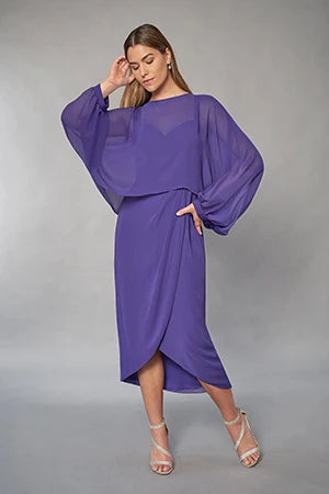 Elegant Chiffon Overlay Crepe Draped Sheath Boat Neck Batwing Sleeve Asymmetric Midi Two-Piece Mother of the Bride Dress
