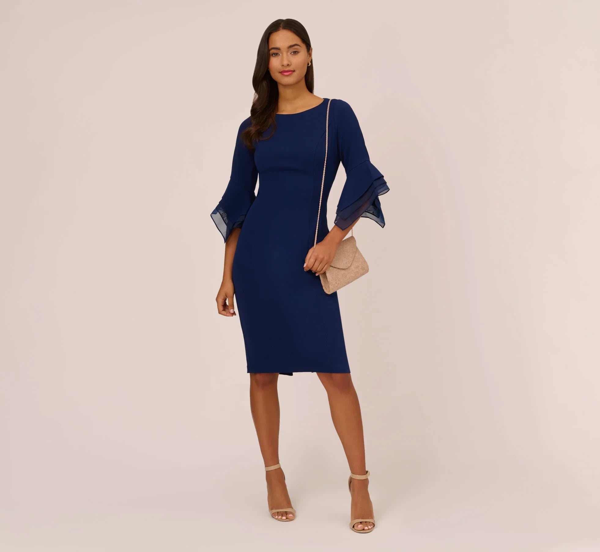 Elegant Crepe Sheath Bateau Neck 3/4 Bell Sleeve Knee-Length Mother of the Bride Dresses