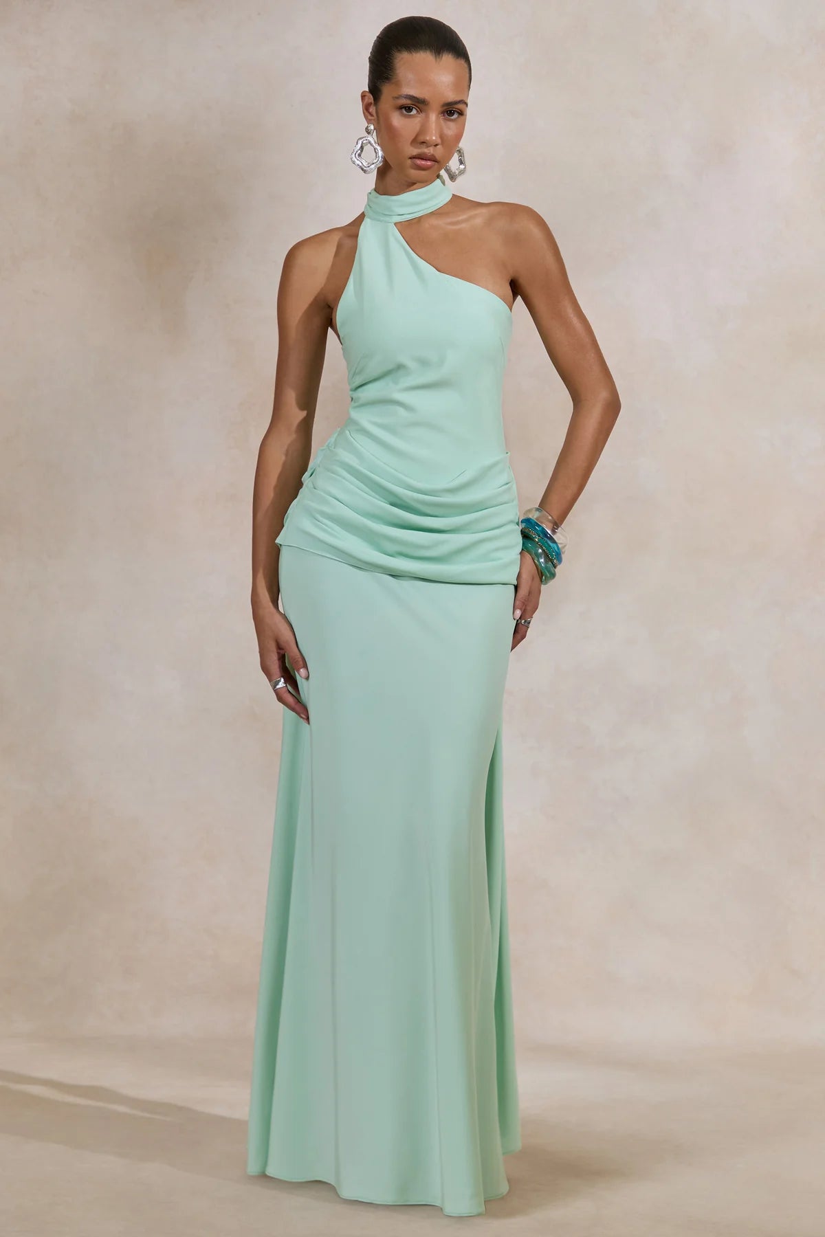 Elegant Draped Column Asymmetric High Neck Sleeveless High Back Maxi Bridesmaid Dresses