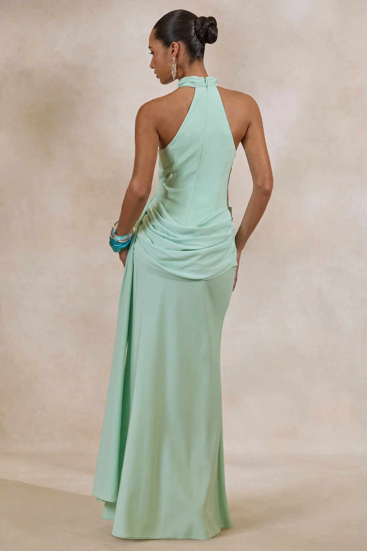 Elegant Draped Column Asymmetric High Neck Sleeveless High Back Maxi Bridesmaid Dresses