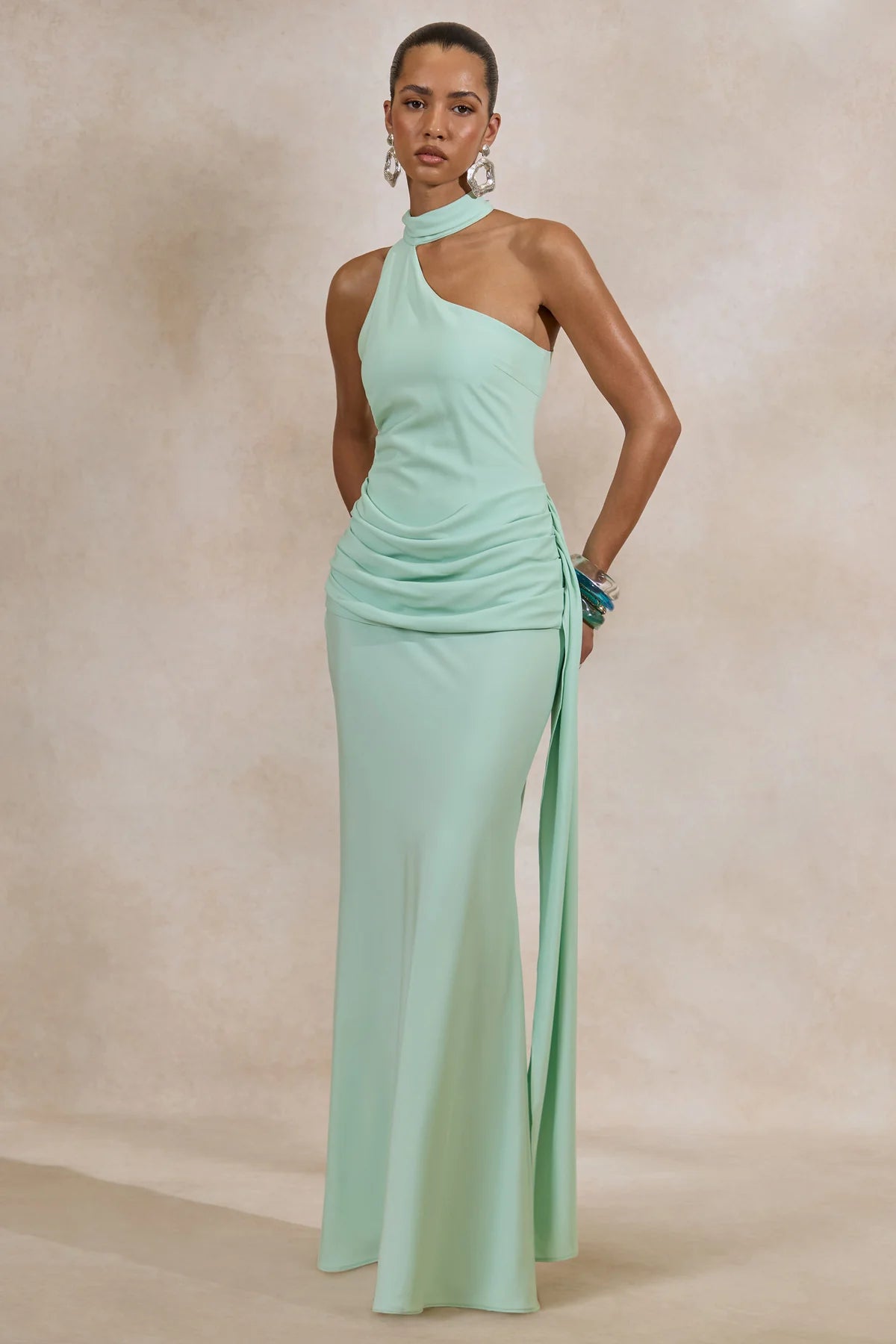 Elegant Draped Column Asymmetric High Neck Sleeveless High Back Maxi Bridesmaid Dresses