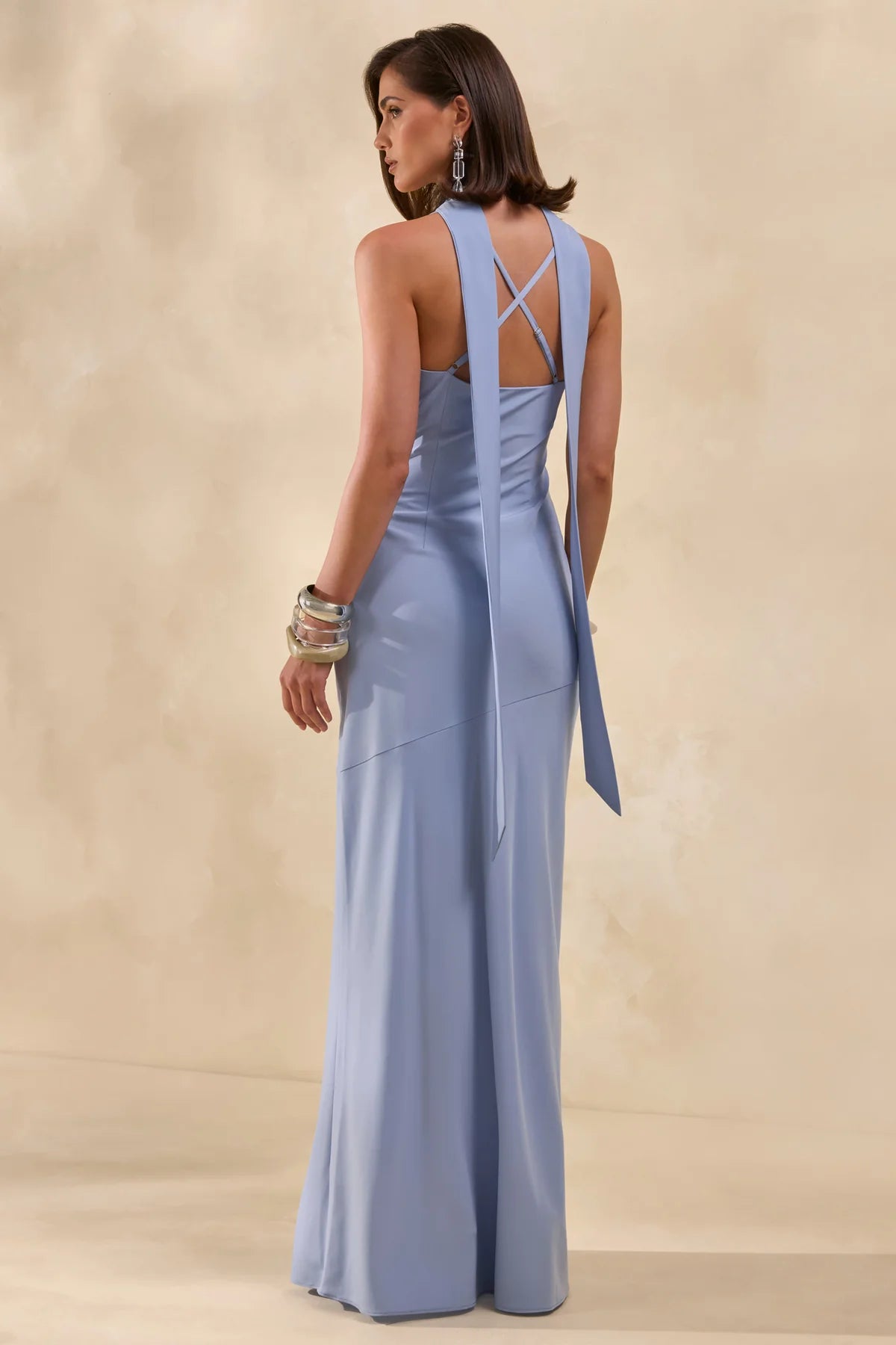 Elegant Draped Cowl Neck Spaghetti Strap Criss-cross Back Maxi Sheath Bridesmaid Dresses