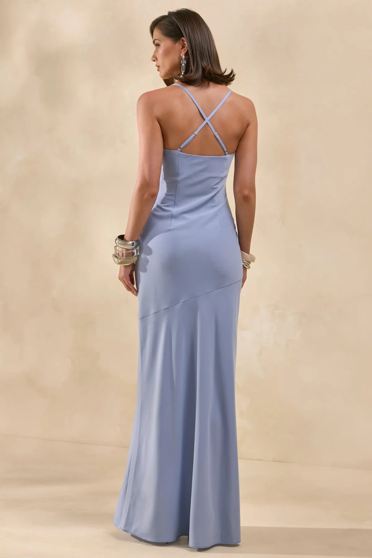 Elegant Draped Cowl Neck Spaghetti Strap Criss-cross Back Maxi Sheath Bridesmaid Dresses