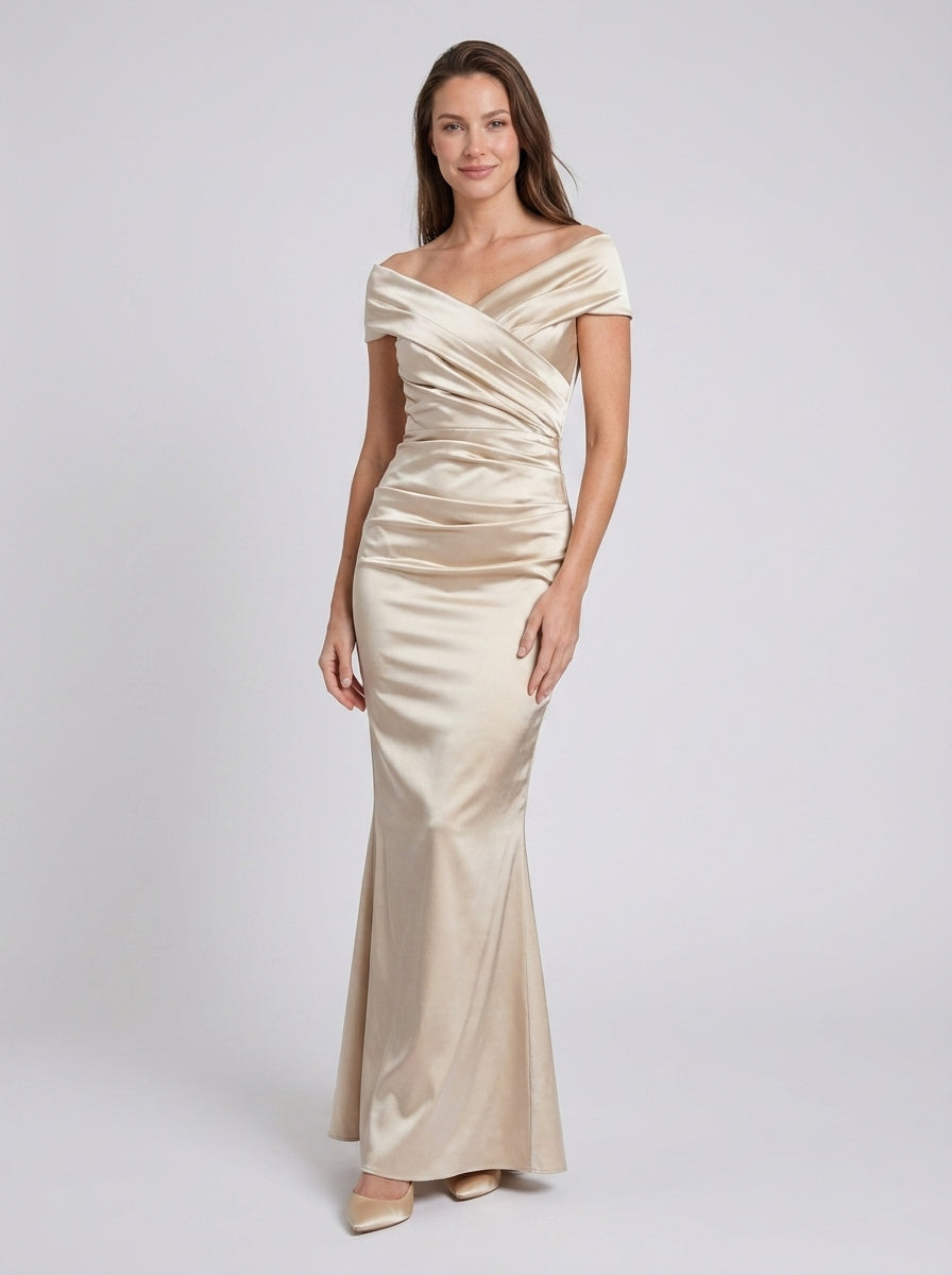 Elegant Draped Off-the-Shoulder Short Sleeve Fitted Back Floor-Length Sheath Mother of the Bride Dresses