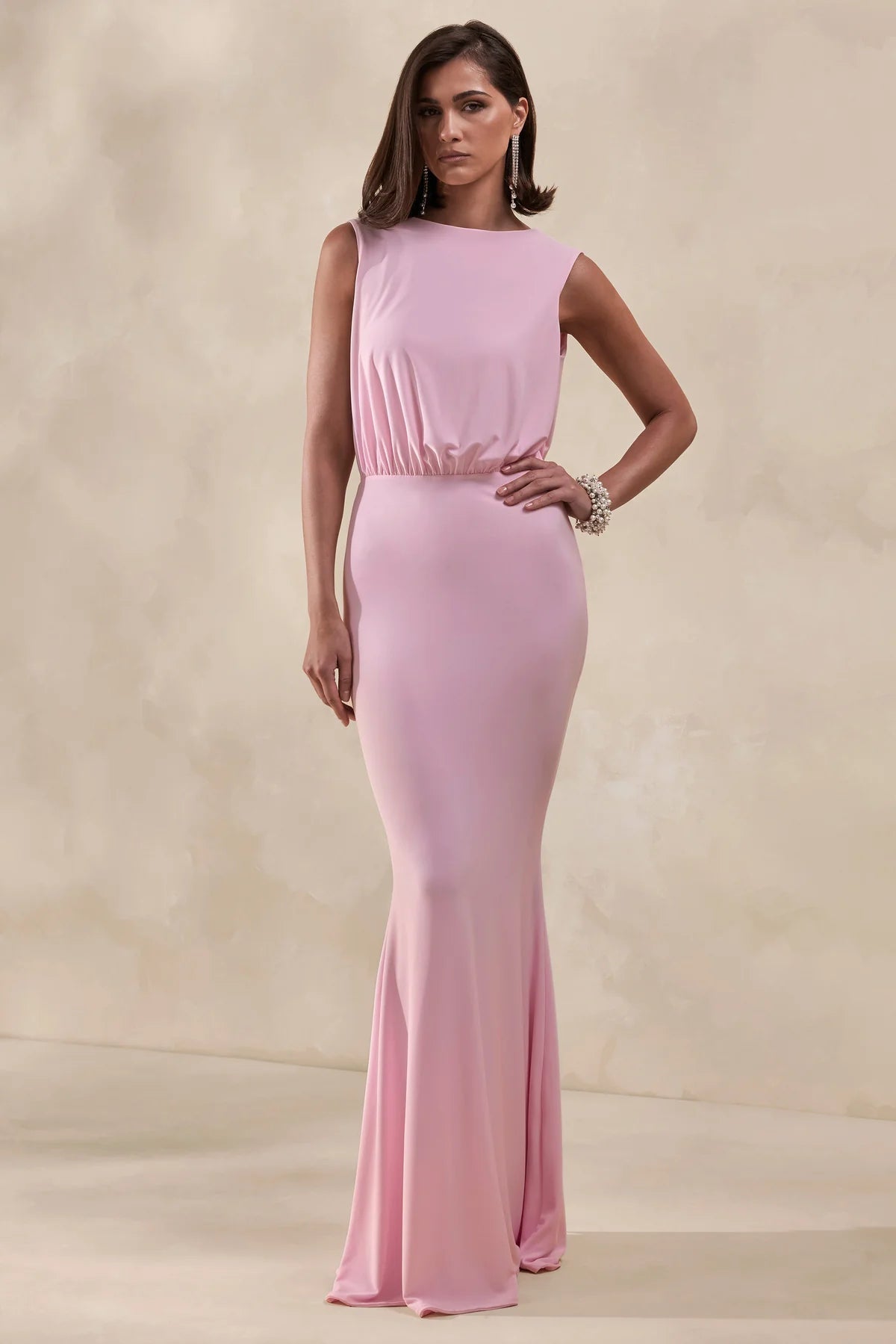 Elegant Fitted Boat Neck Sleeveless Draped Lace Back Maxi Bridesmaid Dresses with Black Bow Detail