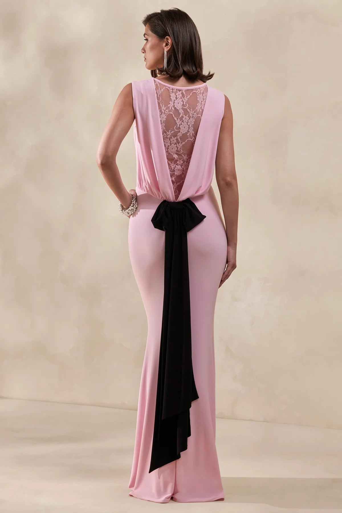 Elegant Fitted Boat Neck Sleeveless Draped Lace Back Maxi Bridesmaid Dresses with Black Bow Detail