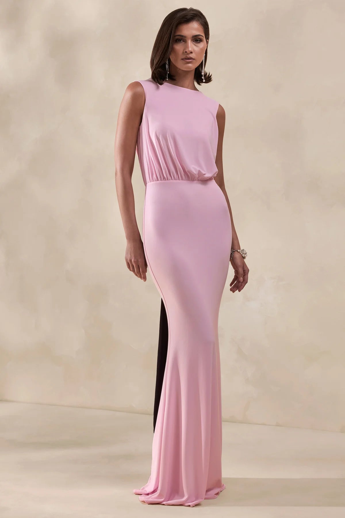 Elegant Fitted Boat Neck Sleeveless Draped Lace Back Maxi Bridesmaid Dresses with Black Bow Detail