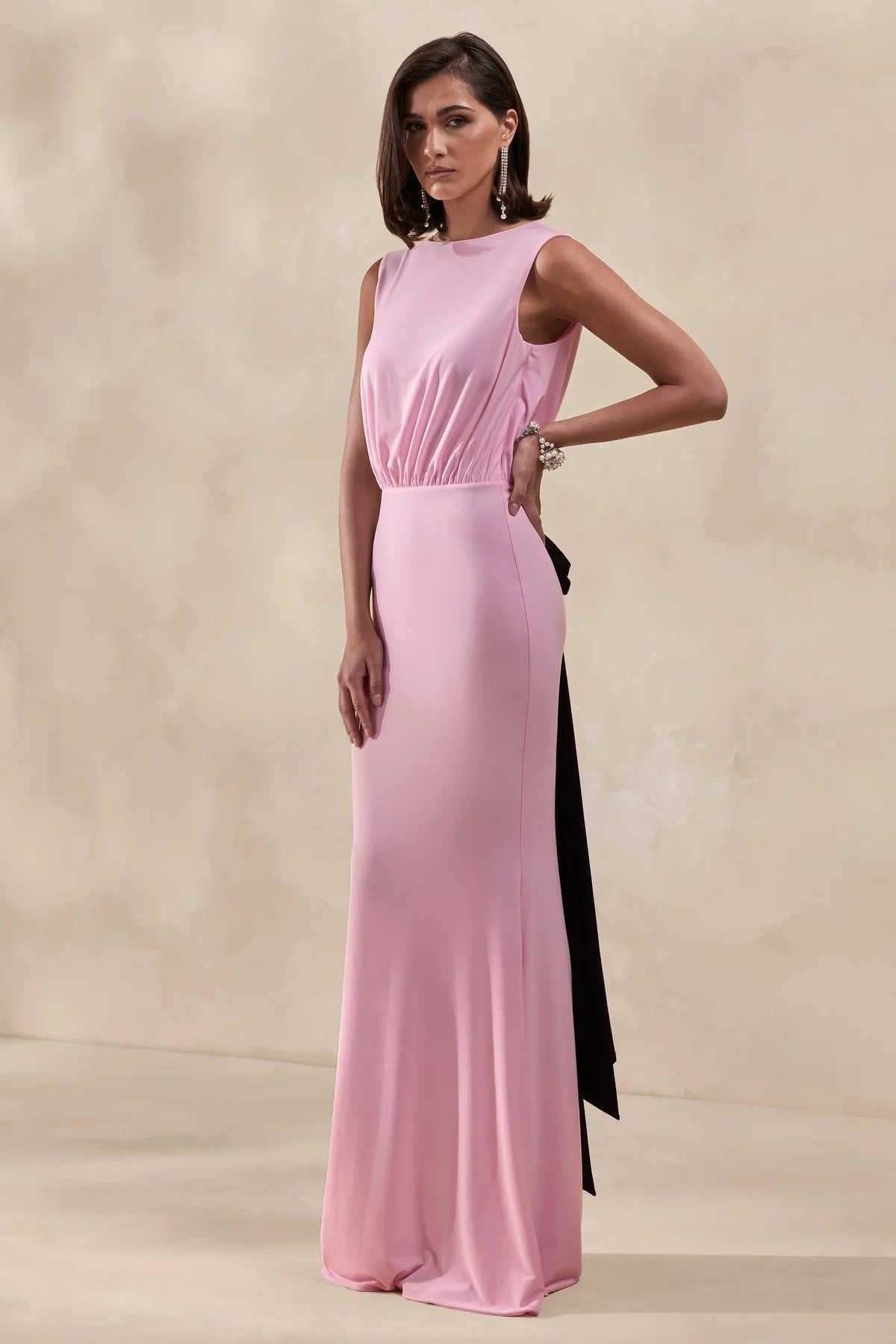 Elegant Fitted Boat Neck Sleeveless Draped Lace Back Maxi Bridesmaid Dresses with Black Bow Detail