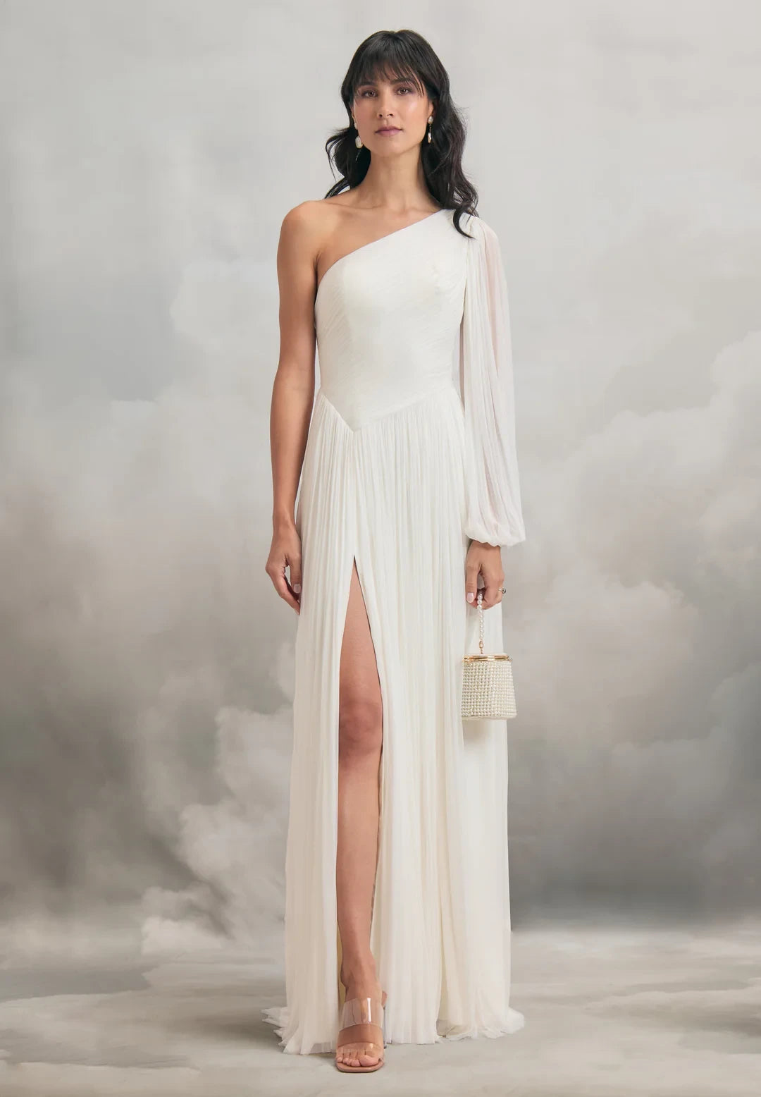 Elegant Flowy One-Shoulder Sheer Long Sleeve Asymmetrical Back Floor-Length Grecian-Inspired Wedding Dresses
