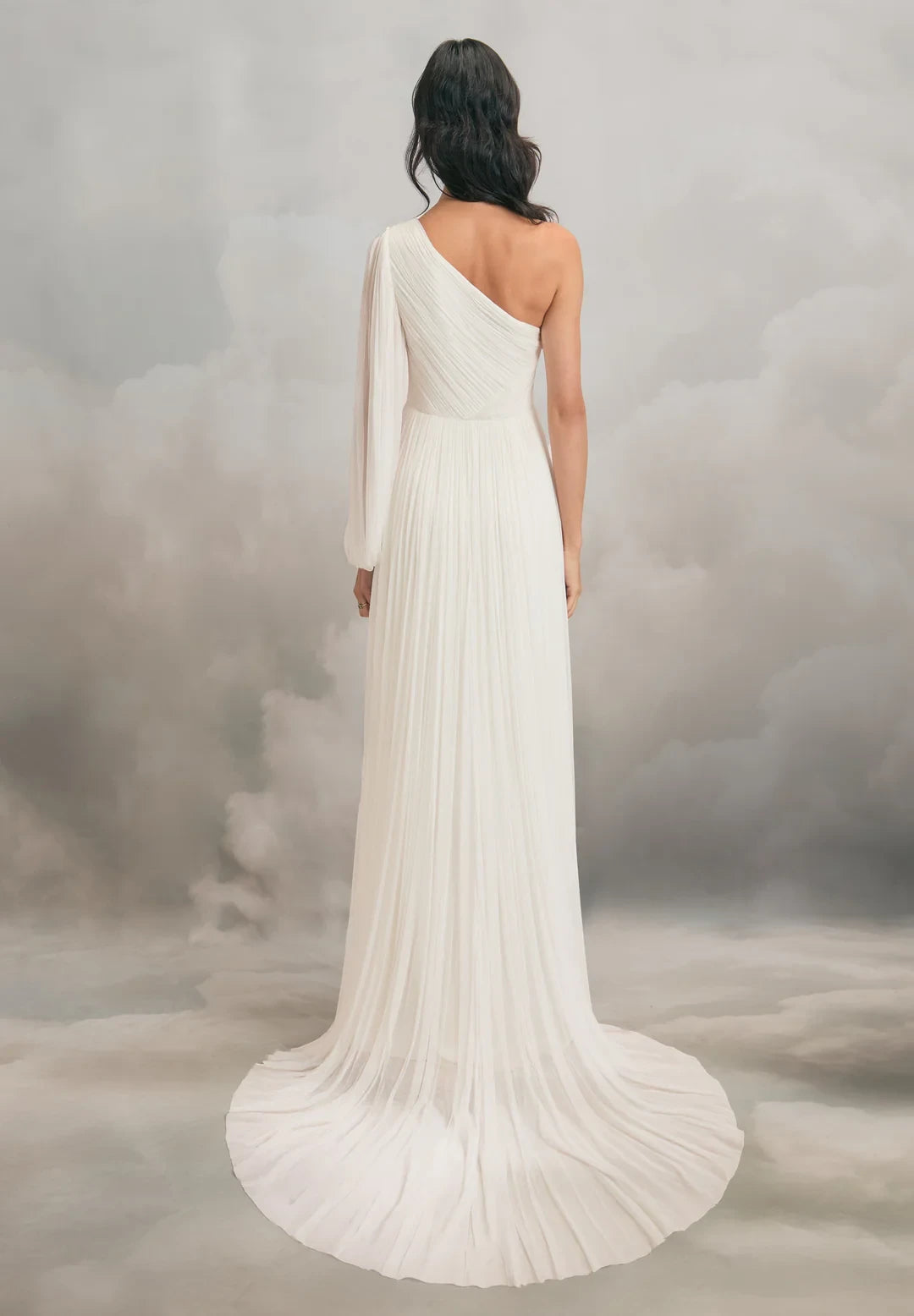 Elegant Flowy One-Shoulder Sheer Long Sleeve Asymmetrical Back Floor-Length Grecian-Inspired Wedding Dresses