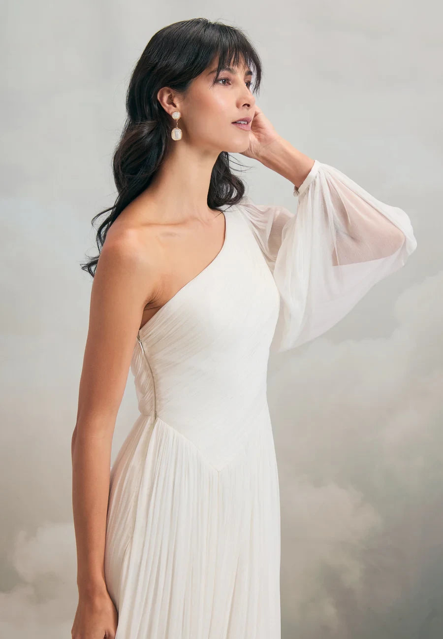 Elegant Flowy One-Shoulder Sheer Long Sleeve Asymmetrical Back Floor-Length Grecian-Inspired Wedding Dresses