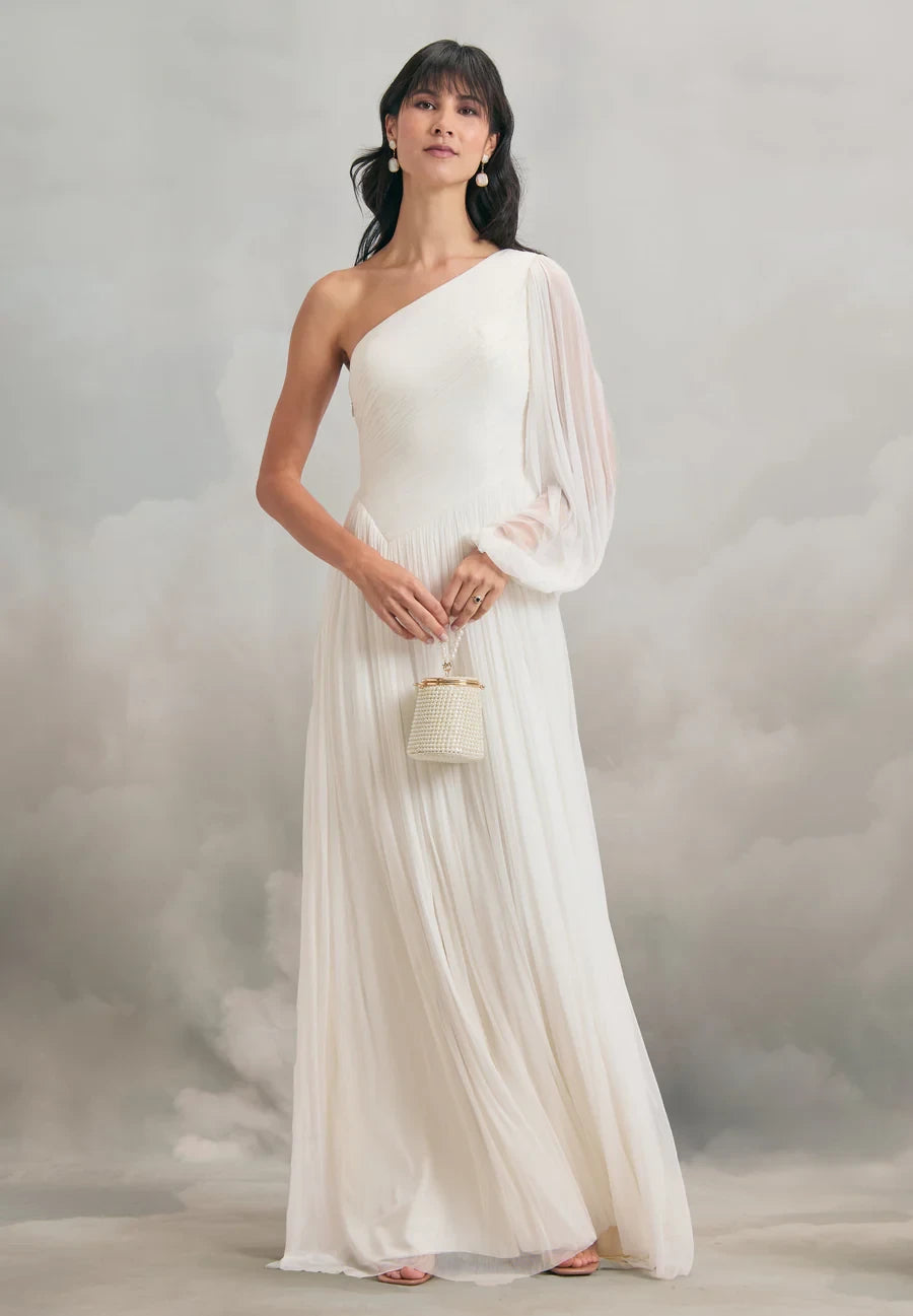 Elegant Flowy One-Shoulder Sheer Long Sleeve Asymmetrical Back Floor-Length Grecian-Inspired Wedding Dresses