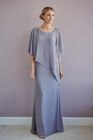 Elegant Flowy Scoop Neck Flutter Cape Sleeve V-Back Floor-Length Mother of the Bride Dresses