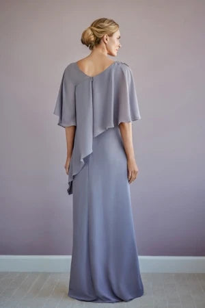 Elegant Flowy Scoop Neck Flutter Cape Sleeve V-Back Floor-Length Mother of the Bride Dresses
