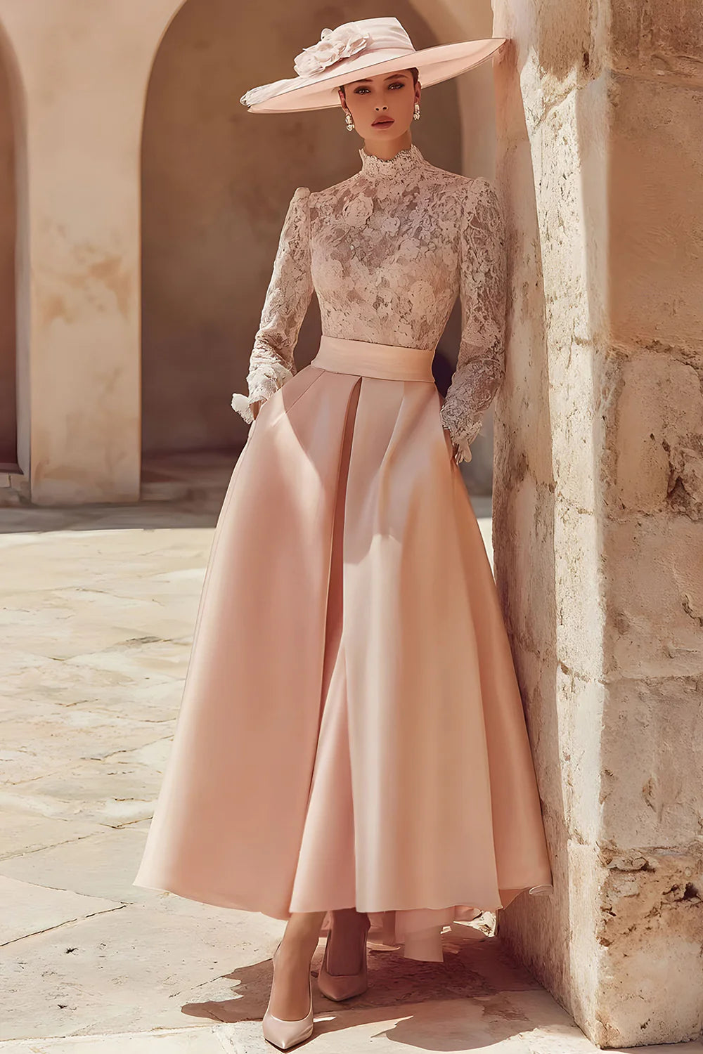 Elegant High-Neck Lace Long-Sleeve Pleated Waist A-Line Floor-Length Mother of the Bride Dress