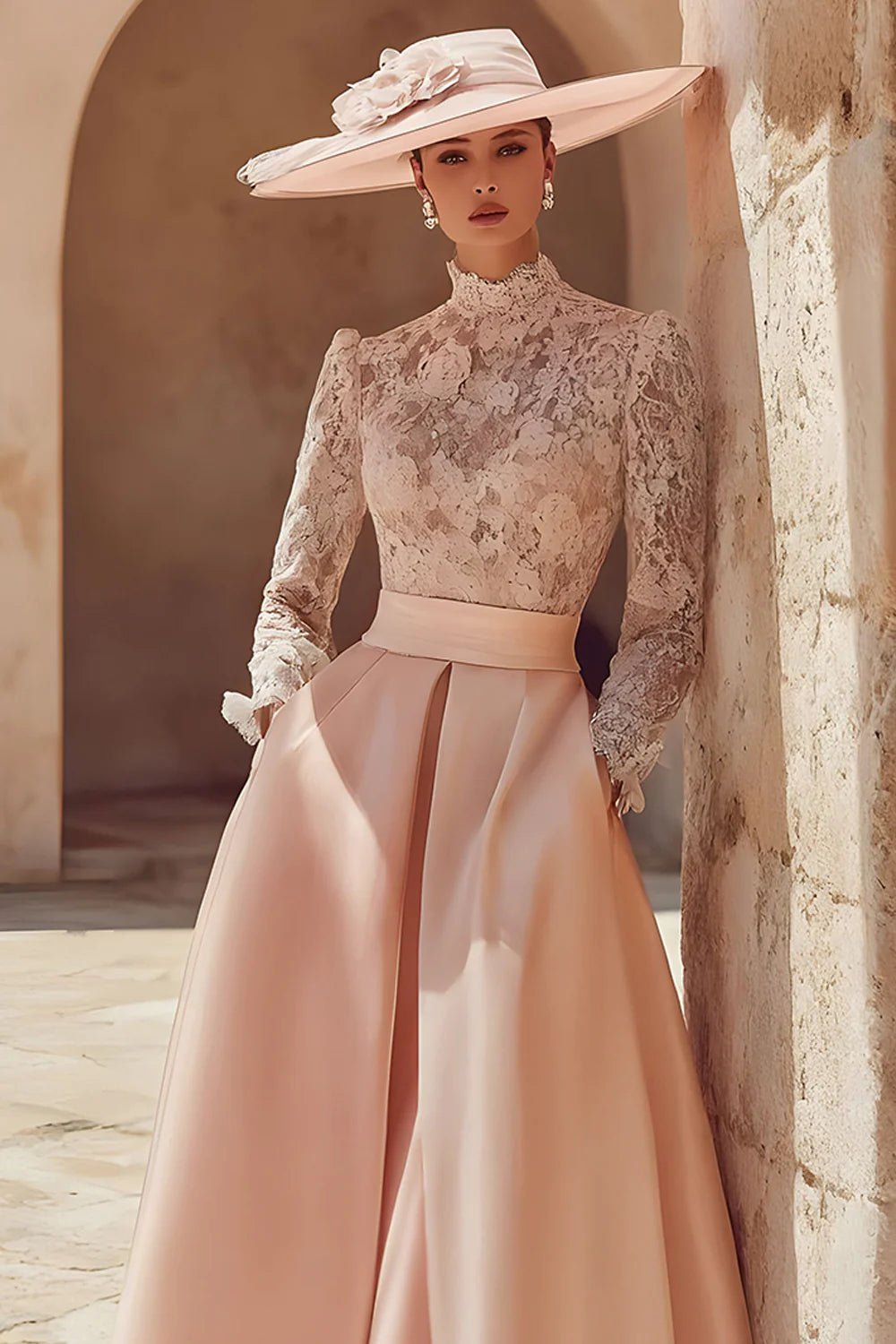 Elegant High-Neck Lace Long-Sleeve Pleated Waist A-Line Floor-Length Mother of the Bride Dress