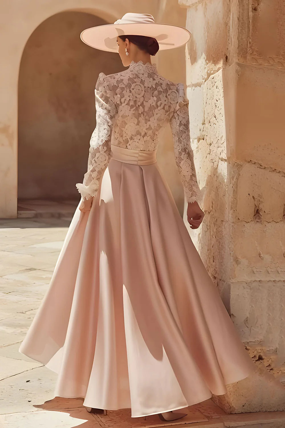 Elegant High-Neck Lace Long-Sleeve Pleated Waist A-Line Floor-Length Mother of the Bride Dress