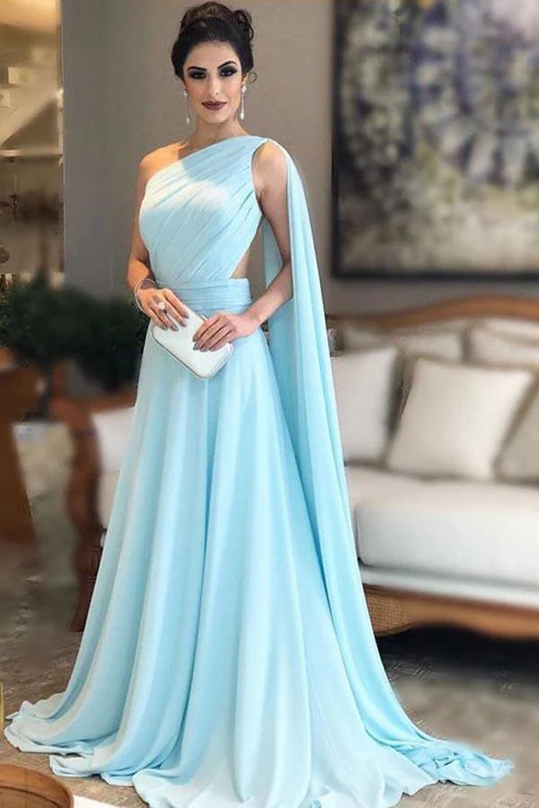 Elegant Light Blue One-Shoulder Chiffon Draped Floor-Length Prom Dress