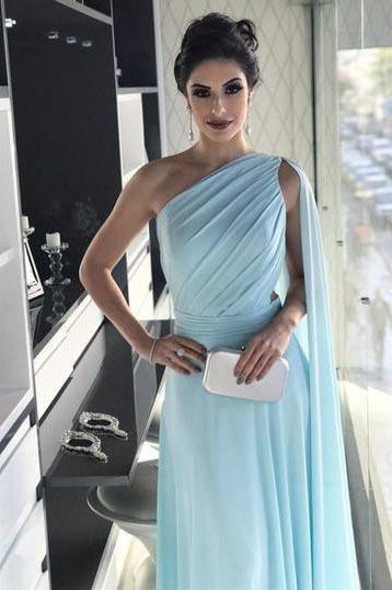 Elegant Light Blue One-Shoulder Chiffon Draped Floor-Length Prom Dress