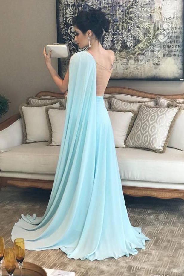 Elegant Light Blue One-Shoulder Chiffon Draped Floor-Length Prom Dress