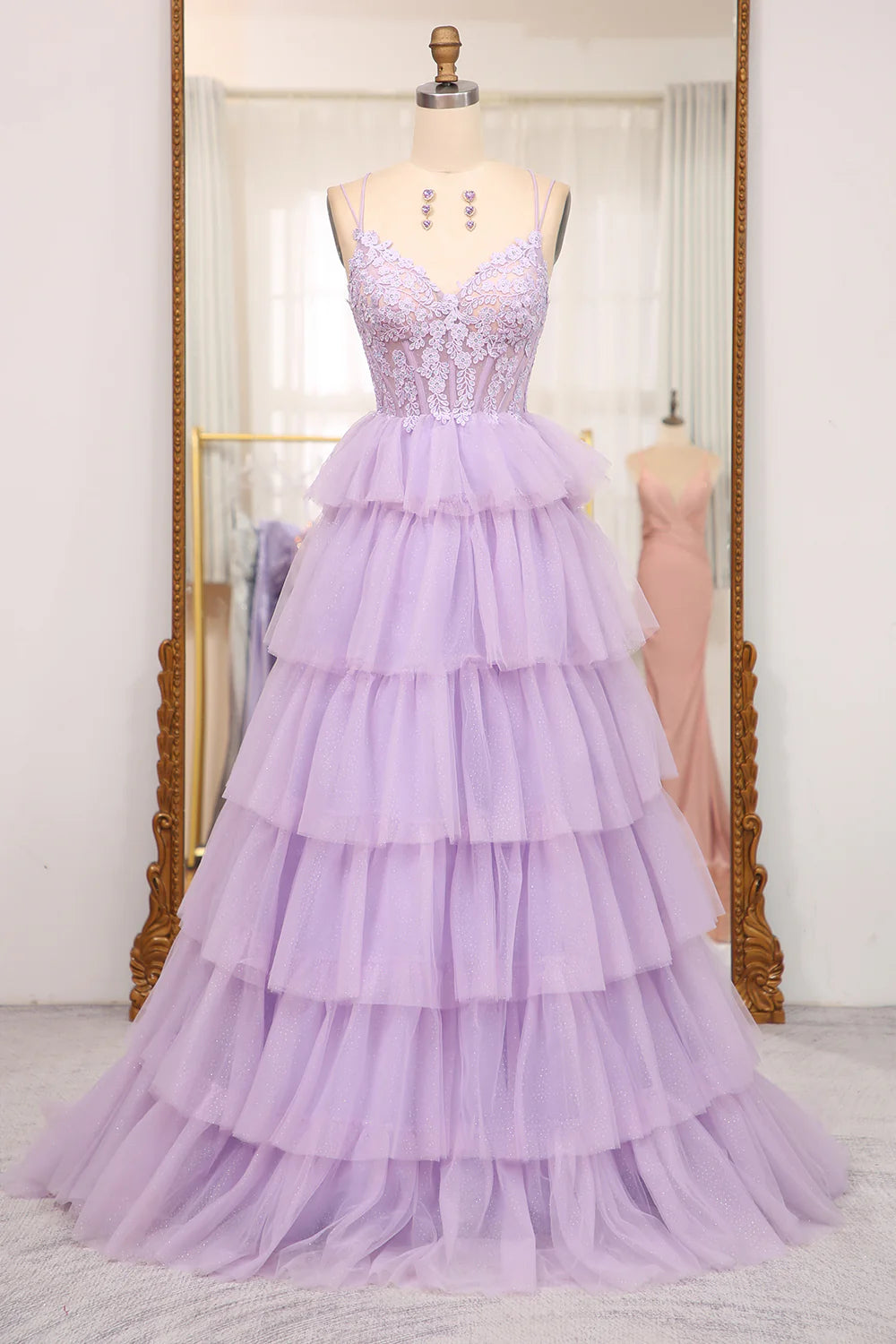 Elegant Lilac A Line Tulle Tiered Long Corset Prom Dress With Appliques