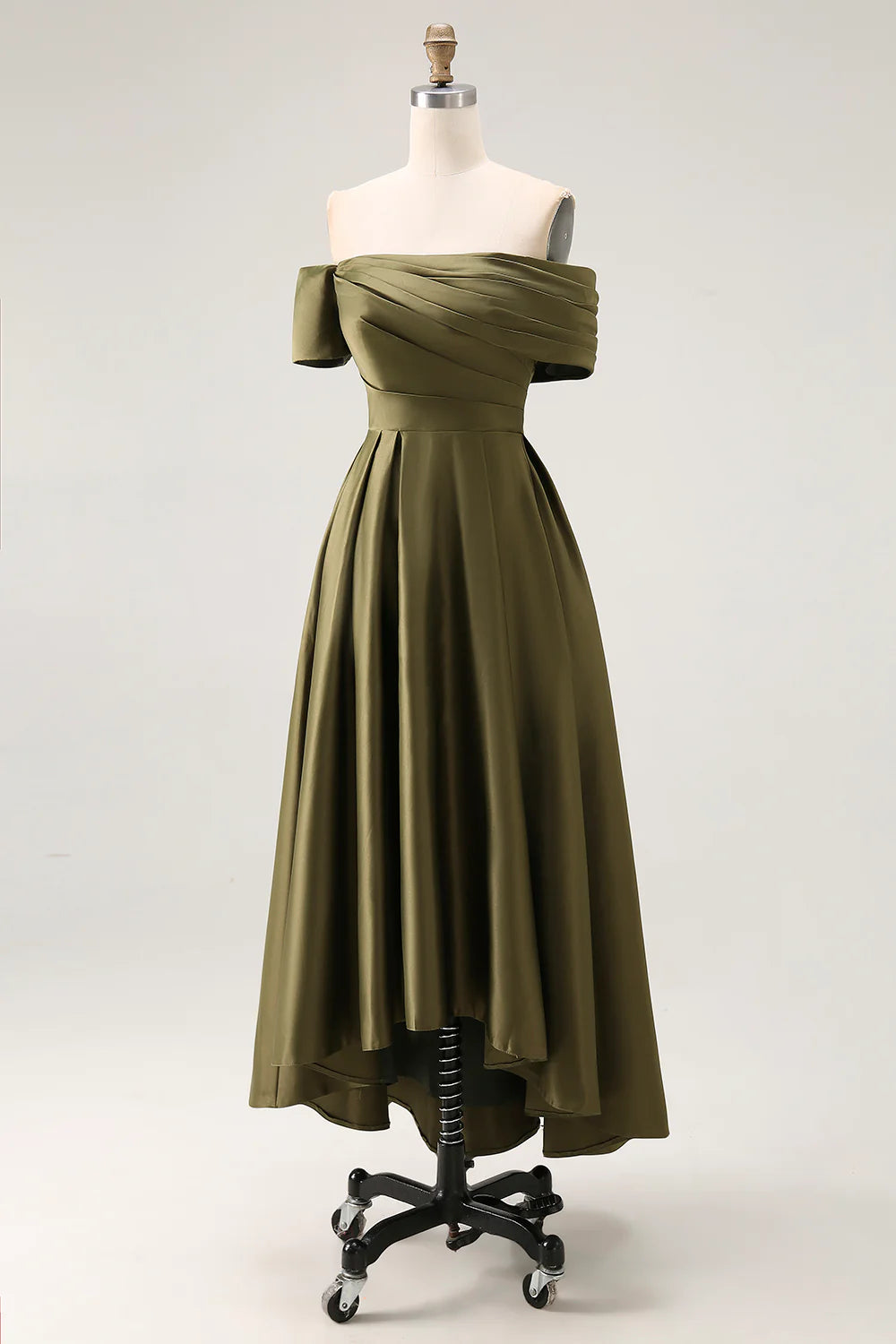 Elegant Olive Satin A-Line Off Shoulder High Low Asymmetrical Hem Mother of the Bride Dress