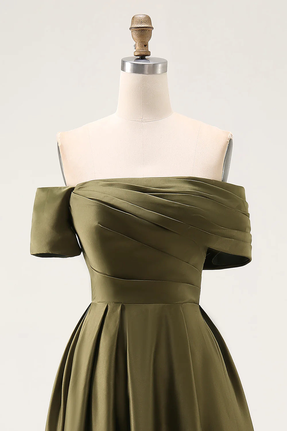 Elegant Olive Satin A-Line Off Shoulder High Low Asymmetrical Hem Mother of the Bride Dress
