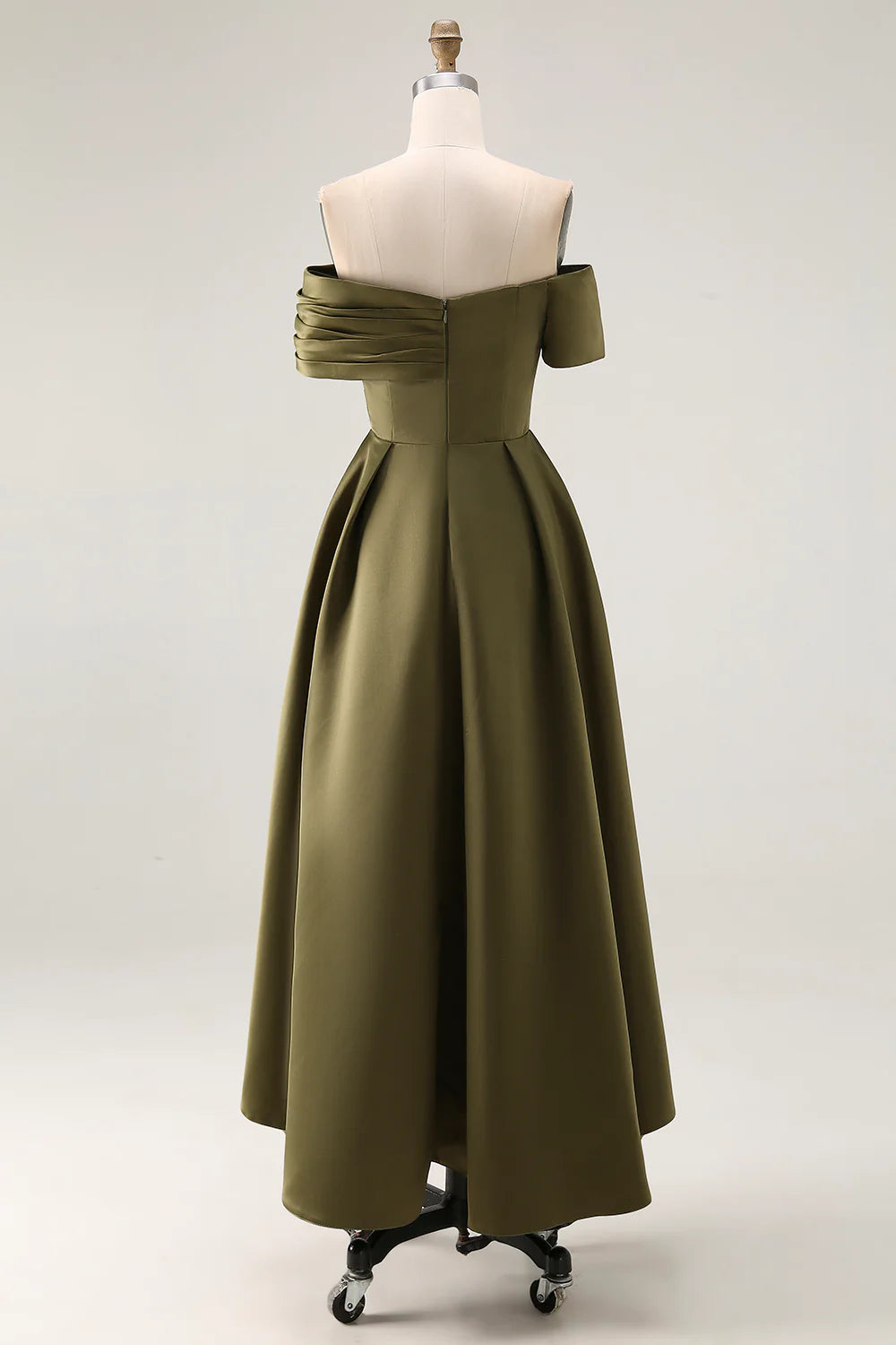 Elegant Olive Satin A-Line Off Shoulder High Low Asymmetrical Hem Mother of the Bride Dress