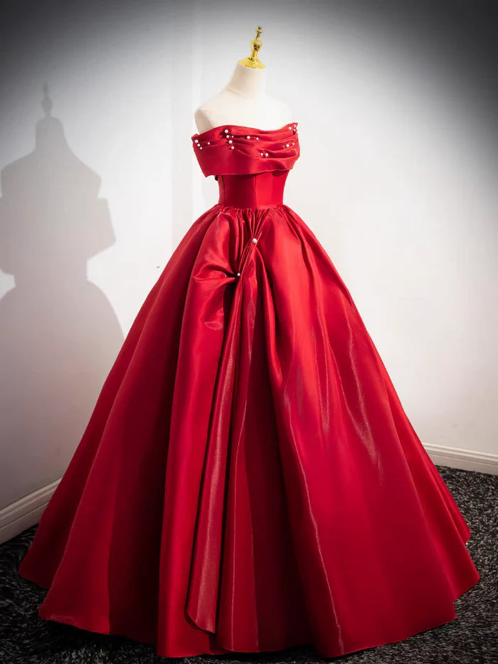 Elegant Red Strapless Ruched Bodice Beaded Ball Gown Satin Quinceanera Dress