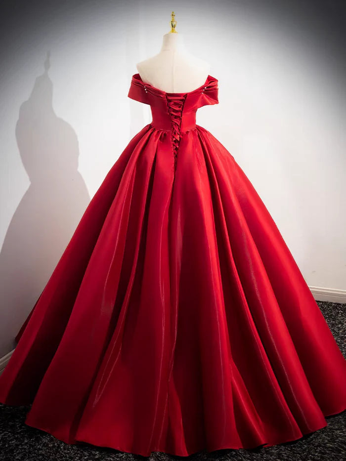 Elegant Red Strapless Ruched Bodice Beaded Ball Gown Satin Quinceanera Dress
