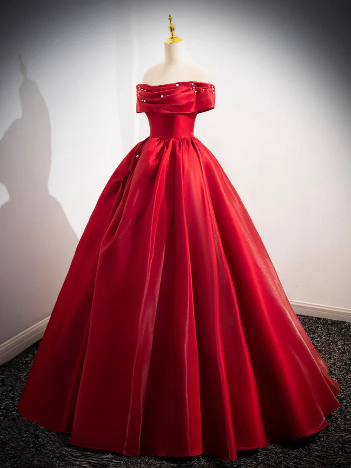 Elegant Red Strapless Ruched Bodice Beaded Ball Gown Satin Quinceanera Dress